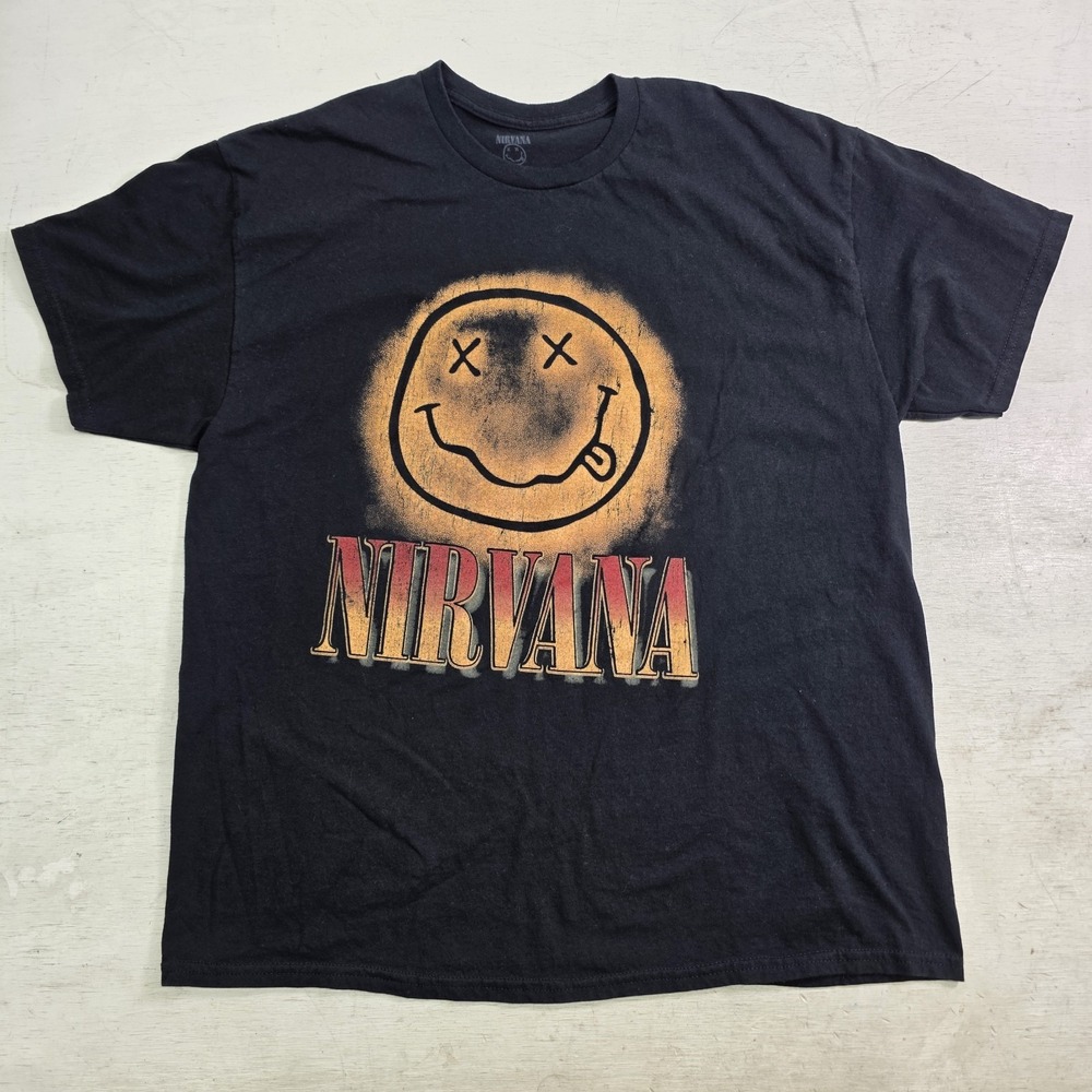 Nirvana Shirt Mens XL Black Grunge Smiley Face 100% Cotton Seattle Cobain VG